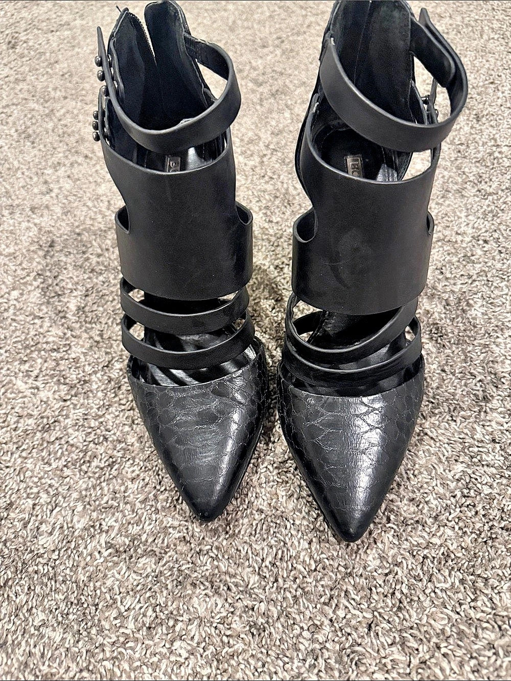 BCBG Generation Black Studded Strappy Pointed-Toe Heels